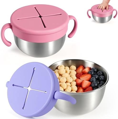 Snack Cups, 2 Pack Stainless Steel Toddler Snack Containers, Spill-Proof by URMYWO