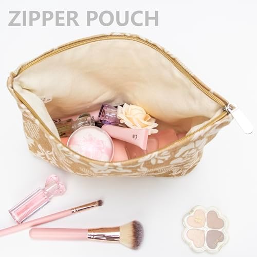 Flat Makeup Bag for Women, Zipper Cosmetic Pouch for Purse, Rose Linen - Image 2