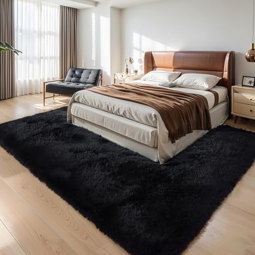 6x9 Thick Black Shag Rug for Bedroom, Soft Plush Fluffy Carpet by KICHOWUA