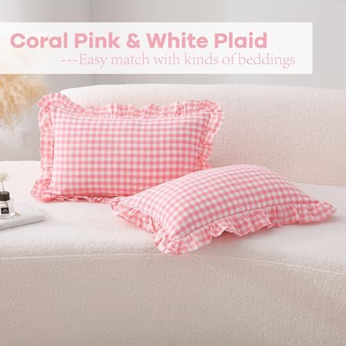 2 Pack Coral Pink Gingham Lumbar Throw Pillow Shams 12''x20'' - Image 2