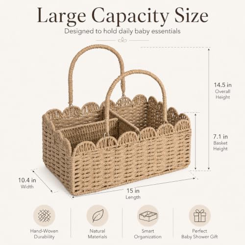 Large Wicker Diaper Caddy Organizer, Scalloped Nursery Basket - Image 2