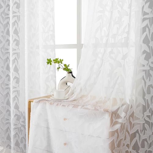 Lecloud Leia White Sheer Curtains 108 Inches Long 2 Panels, Airy Jacquard Leaf - Image 7