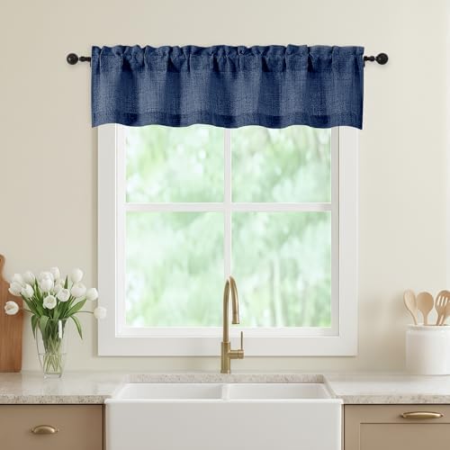 Navy Blue Valances for Windows, Light Filtering Faux Linen Textured Small Short by WelvetBLK