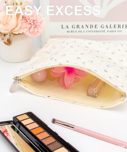 Flat Makeup Bag for Women, Zipper Cosmetic Pouch for Purse, Floral Blue - Image 2