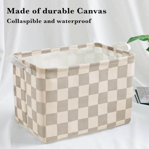 Ohocut Beige Khaki Checkered Canvas Basket, Rectangular Organizing Decorative - Image 5