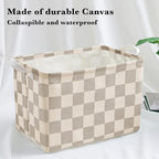 Ohocut Beige Khaki Checkered Canvas Basket, Rectangular Organizing Decorative - Image 5