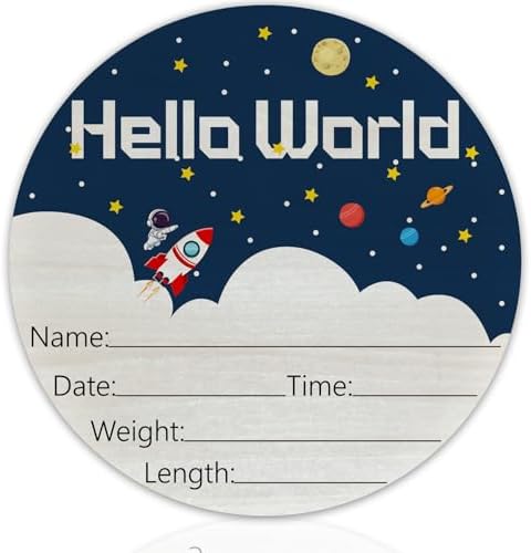 Birth Announcement Sign Hello World Baby Name Wood Spaceship Theme by Unknown