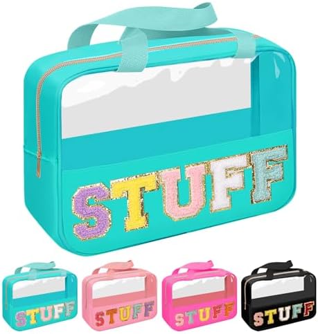 Chenille Letter Patch Stuff Bag, Preppy Clear Makeup Cosmetic Bag Large by Iqimott