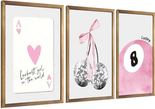 JBZZD Pink Coquette Canvas Wall Art Set of 3 Trendy Preppy Disco 8 Ball Cherry by JBZDD