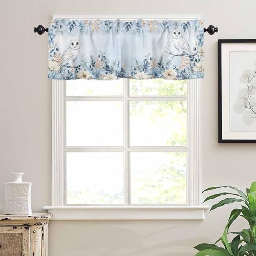 Blue Christmas Kitchen Curtains and Valances Set, Winter Snowy Owl Poinsettia - Image 6