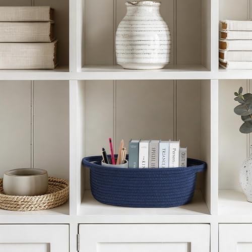 Small Blue Woven Basket, Cotton Rope Kids Dog Cat Toy Bin Box, Cute Baby - Image 5