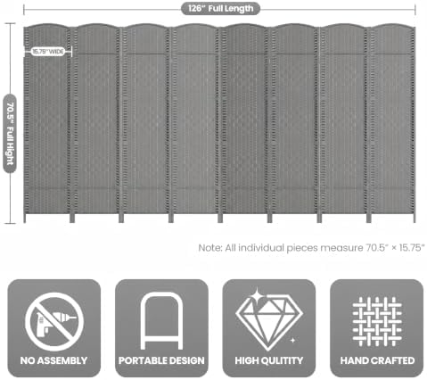 8 Panel Folding Room Divider, Woven Privacy Screen - Image 3