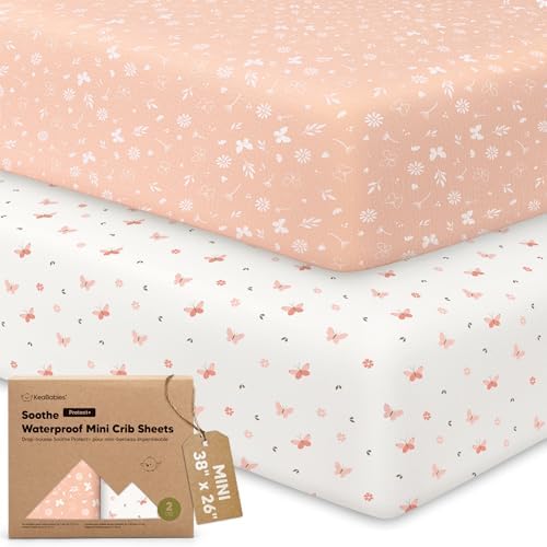 2 Pack and Play Sheets Waterproof Mini Crib Sheet Fitted 38x26 by KeaBabies