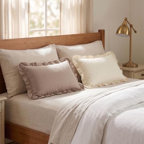 Set of 2 Taupe Ruffled Lumbar Pillow Covers 12x20 Inch, Soft Fabric Solid Color - Image 4
