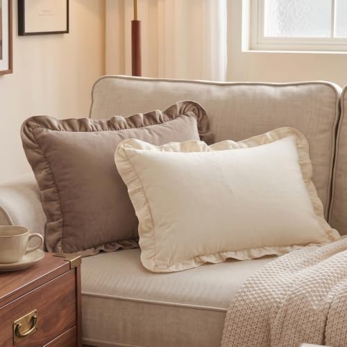 Set of 2 Taupe Ruffled Lumbar Pillow Covers 12x20 Inch, Soft Fabric Solid Color - Image 5