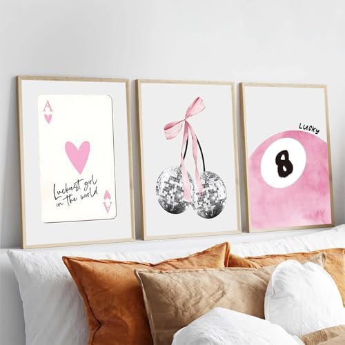 JBZZD Pink Coquette Canvas Wall Art Set of 3 Trendy Preppy Disco 8 Ball Cherry - Image 2