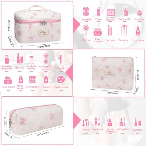 Gosect 3PC Makeup Bag Set, Quilted Makeup Bag Set, Large Floral Cosmetic Bag - Image 2