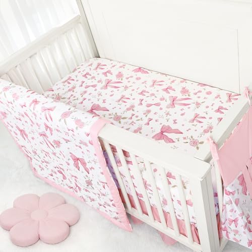 Floral Crib Bedding Set for Girls, 4 Pieces Pink Baby Nursery Bedding Set for - Image 6