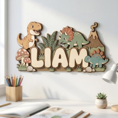 Personalized Dinosaur Name Sign, Custom Baby Nursery Wall Decor, Cartoon Dino - Image 3