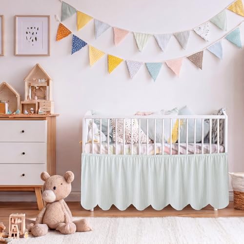 Mindsoft Green Scallop Edge Cotton Crib Skirt Ticking Strip Farmhouse Chic - Image 5