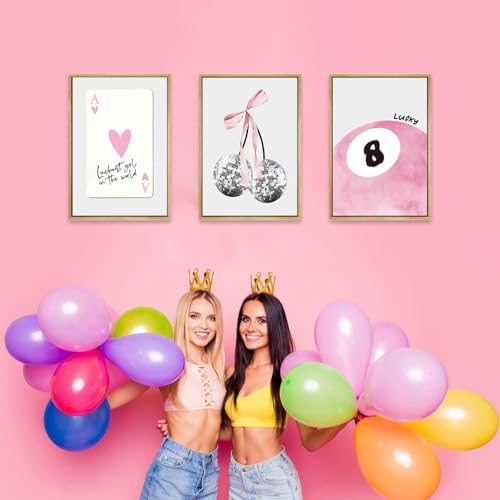 JBZZD Pink Coquette Canvas Wall Art Set of 3 Trendy Preppy Disco 8 Ball Cherry - Image 7