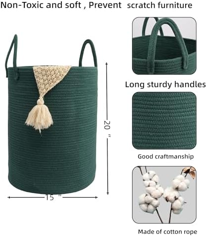 Woven Cotton Rope Laundry Basket, 15x20 Laundry Hamper, Dark Green - Image 2
