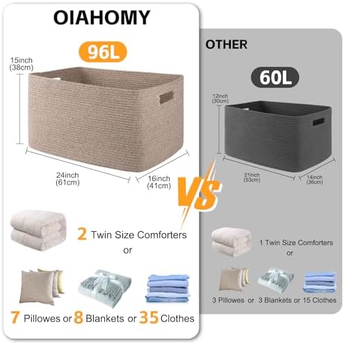 OIAHOMY 96L XXXLarge Blanket Basket Woven Cotton Rope Storage Basket Brown - Image 3
