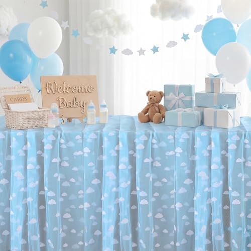 4 Pcs Blue White Cloud Table Runner 29x70 Inch Tulle Flocking - Image 5