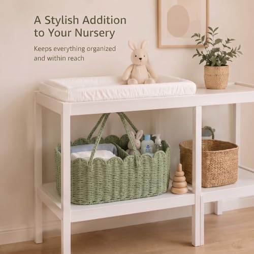 Handwoven Rattan Diaper Caddy Organizer Sage Green Scalloped Basket - Image 5