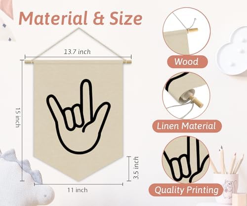 Kids Room Decor, Boy Nursery Linen Canvas Banner, I Love You Hand Sign Neutral - Image 4