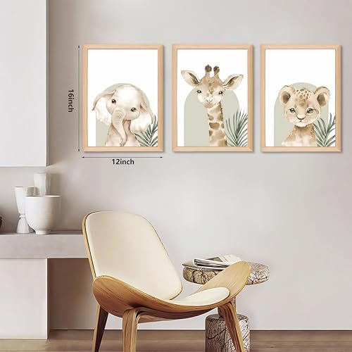 Framed Cute Animal Wall Art Nursery Decor Set of 3, Watercolor Elephant Giraffe - Image 3