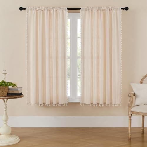 MitoVilla Cream Boho Farmhouse Living Room Curtains 63 Inch Length 2 Panels by MitoVilla
