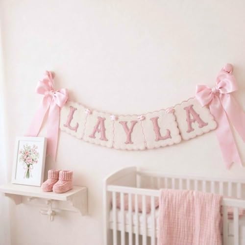 Custom Embroidered Baby Banner, Personalized Baby Name Banner, Scallopped Bow - Image 4