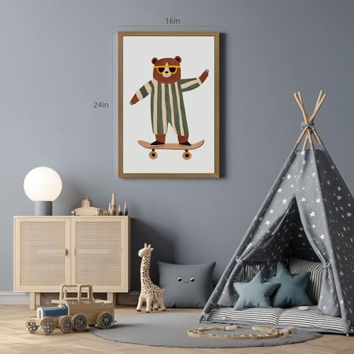 Grajoy Wood Framed Funny Modern Cool Skateboard Bear Wall Art 16x24 Inch - Image 5