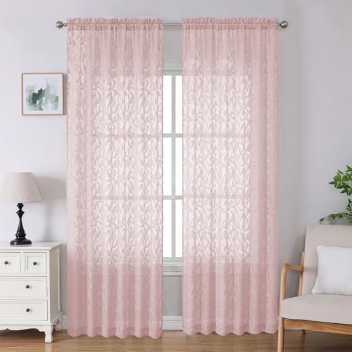 Lecloud Leia Blush Pink Sheer Curtains 96 Inches Long 2 Panels, Airy Leaf by Lecloud