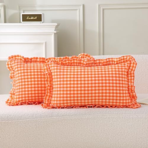 2 Pack Orange Gingham Lumbar Throw Pillow Shams 12''x20'' by KMASANIJI
