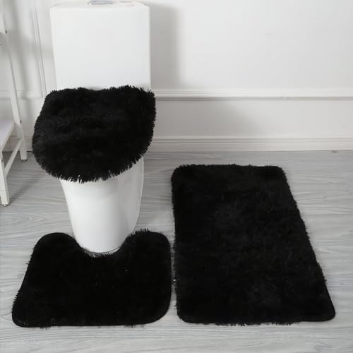 Black Bathroom Rugs Sets 3Piece Bath Mat Solid Bath Rug Floor Mats Washable by Eanpet