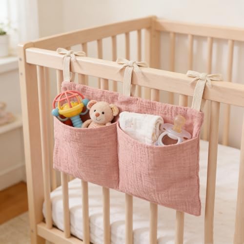 Muslin Cotton Baby Bedside Hanging Storage Bag, 2-Pocket Crib Diaper Caddy - Image 2