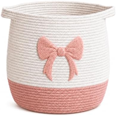 Pink Bow Baby Laundry Basket, Cotton Rope Nursery Hamper by Unknown