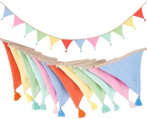 Pre-Strung Cotton Fabric Bunting Banner, 9Ft Multicolor Triangle Pennant Banner by G2PLUS
