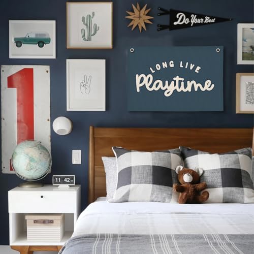 Playroom Decor for Boy, Long Live Playtime Wall Hanging Linen Banner, 20x30 - Image 4