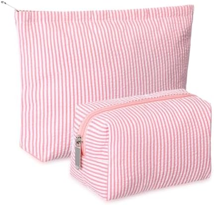 Huhumy 2 Pcs Makeup Bag Set for Women, Rose Pink, Thin Stripe by Huhumy