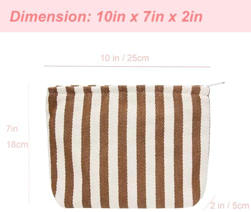Flat Makeup Bag for Women, Zipper Cosmetic Pouch for Purse, Stripe Coffee - Image 4