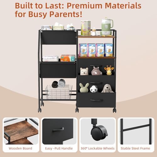 Somdot Baby Diaper Caddy Organizer, 3-Tier Rolling Cart - Image 5