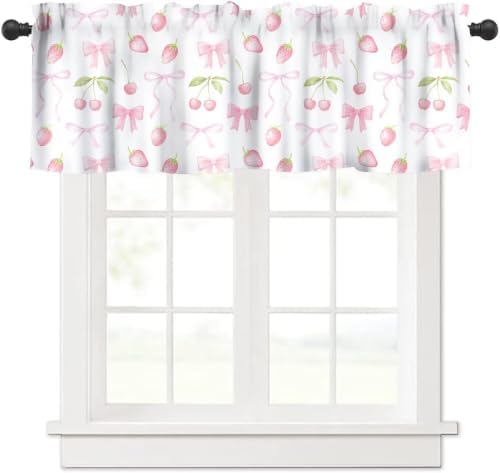 Cute Pink Bow Valance, Watercolor Aesthetic Pink Strawberries Cherries Pastel by JanJCurt