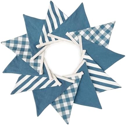 2 Sets Blue Pennant Banner Flags 24Pcs Blue Plaid Striped Garland Linen Fabric - Image 6