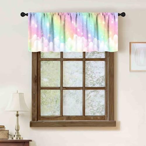 School Rainbow Curtains Valance, Boho Pastel Cartoon Cute Colorful Sky Clouds - Image 2