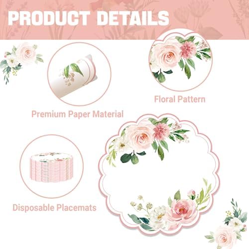 50 Pack Paper Placemats Disposable Pink Floral Placemat - Image 3
