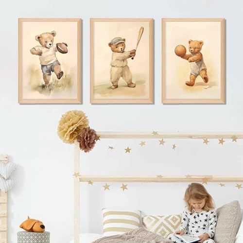Framed Bear Wall Art Nursery Decor Set of 3, Cute Vintage Baby Bear Sports - Image 2