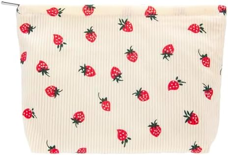 Flat Makeup Bag for Women, Zipper Cosmetic Pouch for Purse, Strawberry Beige by PAZIMIIK